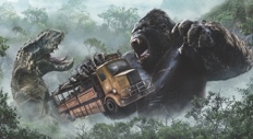 King Kong grabs a truck as a giant dinosaur lunges toward him in the Skull Island: Reign of Kong ride.